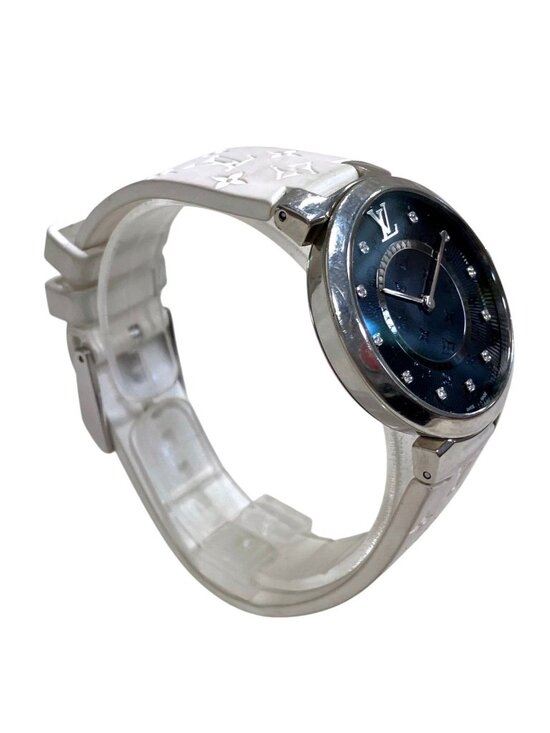 Louis Vuitton Tambour Slim Watch SS Rubber Quartz Black Dial
